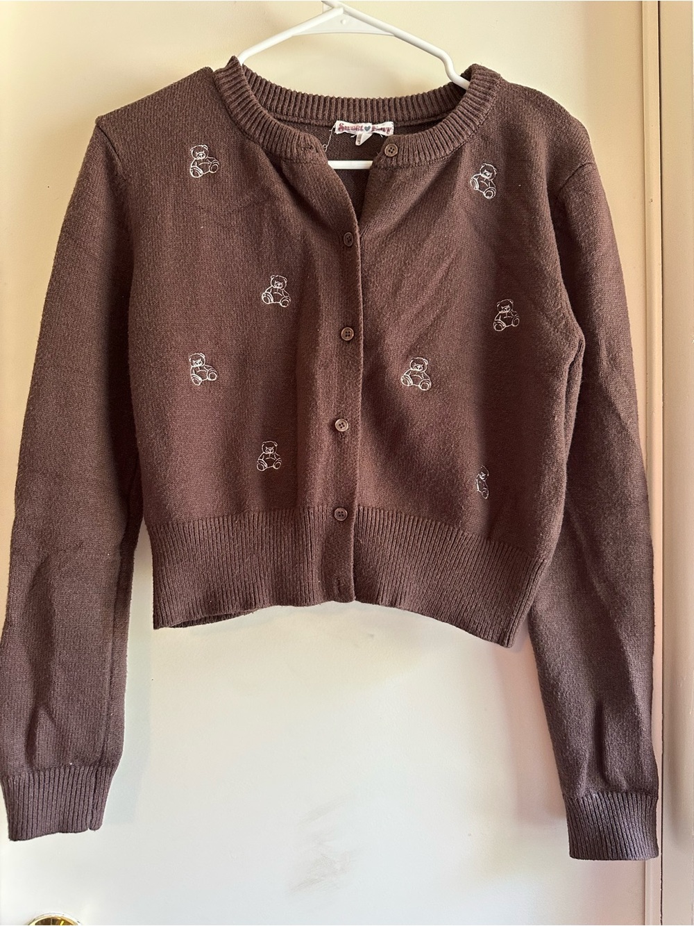 Teddy Embroidered Brown Button-Up Cardigan Sweater